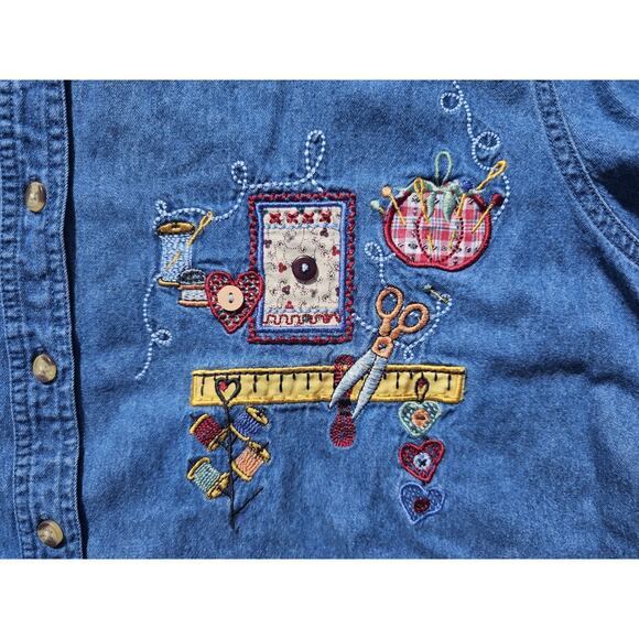Bobbie Brooks Sz 18W-20W Vintage Shirt Embroidered Sewing Design Denim Button - Picture 2 of 8